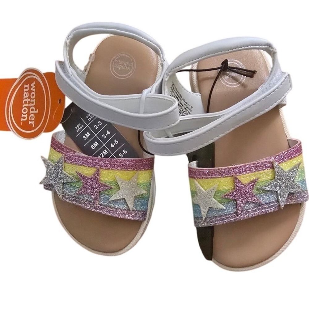 Wonder Nation Toddler Girls Rainbow Glitter Star Sandals Summer White Size 5